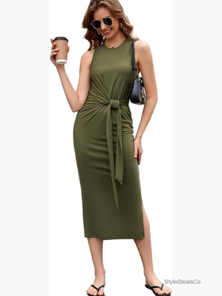Sleeveless Midi Dress With Waist Tie Bodycon Fit Side Slit Summer Dress